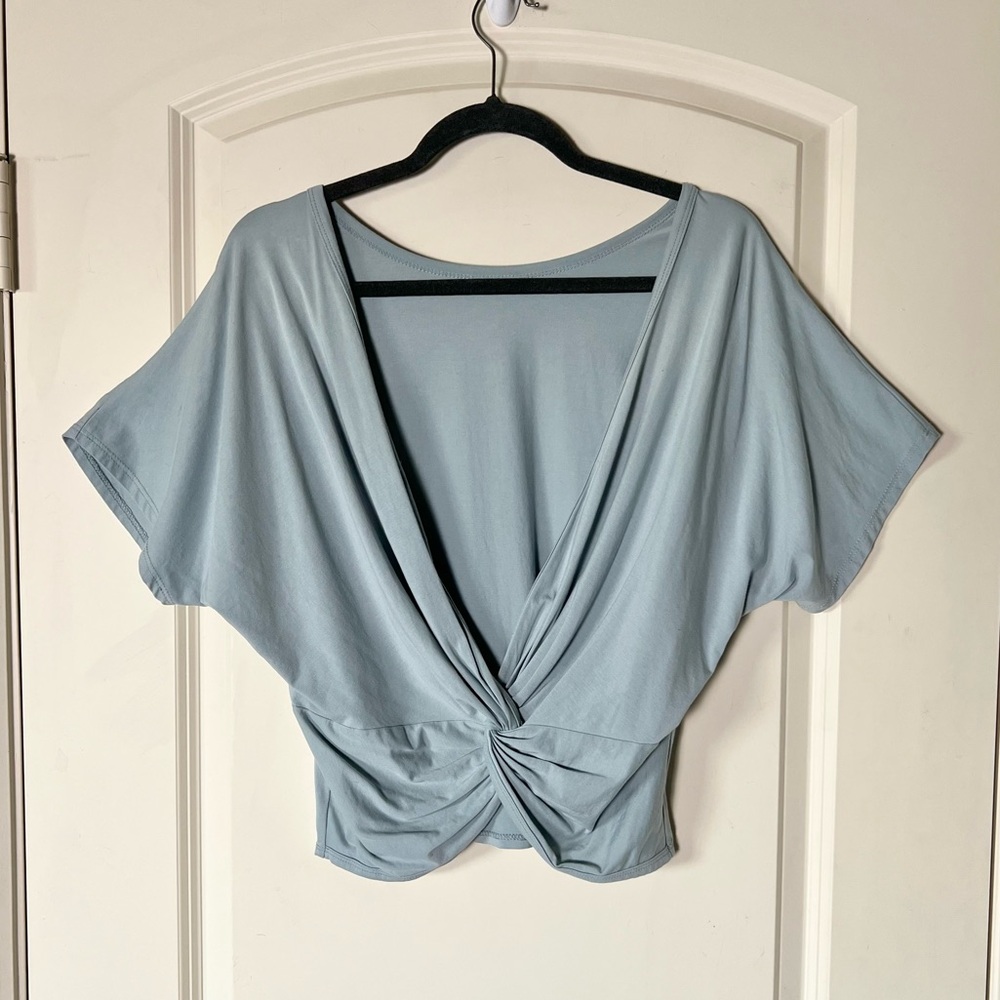 Blue Blush Reversible Knot Front Deep V Neck Tee Top Dusty Blue Pastel Size L